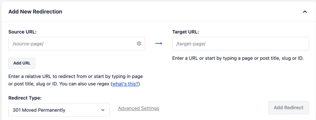 AIOSEO redirect settings showing a source URL spot and target URL spot for a 301 redirect