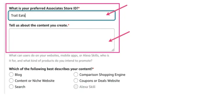 Form asking for preferred Associates Store ID, content description, and type of content (e.g., blog, niche website, Alexa Skill).
