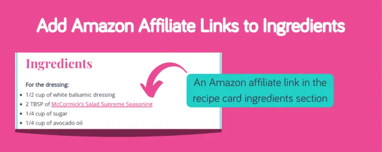 Example of an Amazon affiliate link added to a specific ingredient in a recipe card ingredient list.