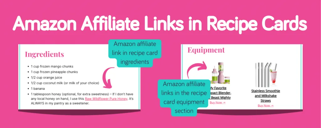 An example showing how to use Amazon affiliate links added to both ingredients and equipment sections in a recipe card.