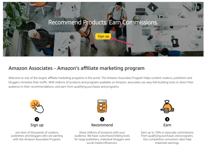 Amazon Associates sign up page