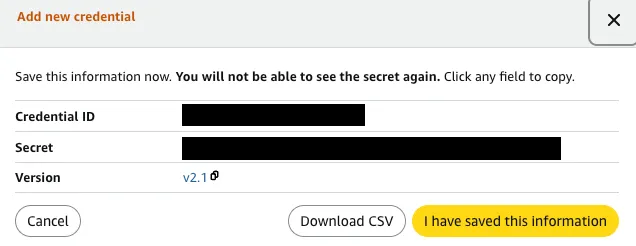 Amazon Creators API credentials screenshot showing the: Credential ID, Secret, and Version