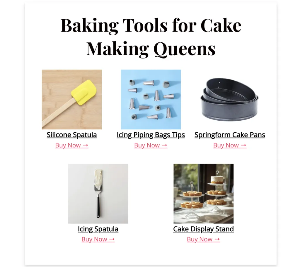 a screenshot of a "baking tools for cake making queens" affiliate product gallery built with Tasty Links