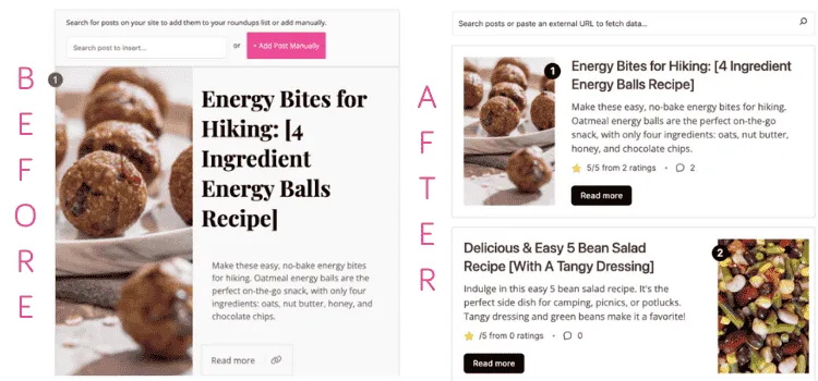 A screen shot showing what curated content with Tasty Roundups looked like in WordPress before it's newest update, and what it looks like now - with Tasty Roundups 2.0.
