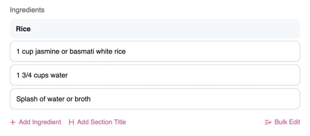 A screenshot of the Tasty Recipes builder with the ingredients bulk edit button in the bottom right hand corner