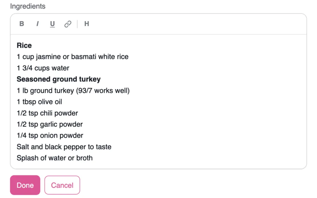 A screenshot showing the ingredients bulk edit box in the Tasty Recipes recipe builder