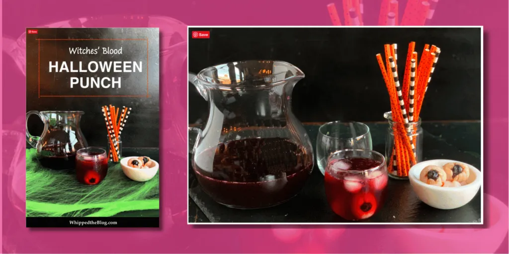 interest graphic of Caroline’s Witch’s Blood Punch recipe with bright, spooky Halloween colors.