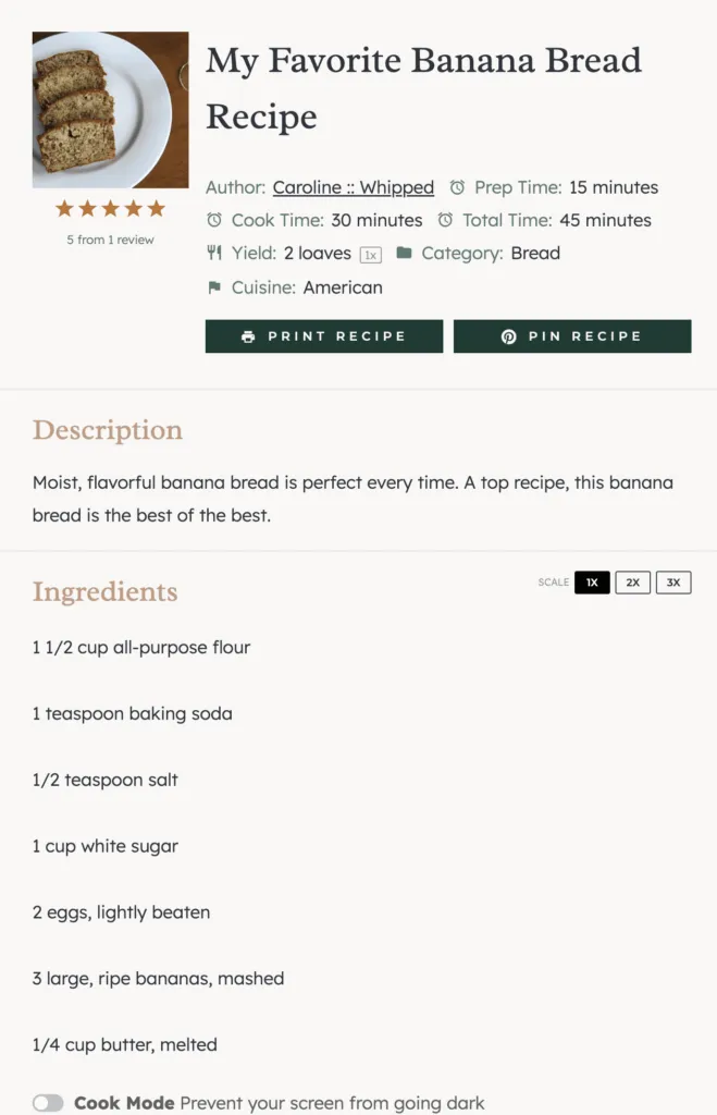 Screenshot of Caroline’s updated banana bread recipe card using Tasty Recipes on her blog.