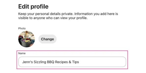 An image showing where to change your Profile name in your Pinterest settings.