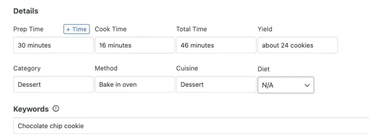 An image showing where to enter your details in Tasty Recipes to fix recipe schema warnings and get cleaner recipe rich results.