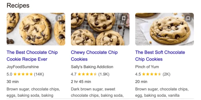 A screenshot of recipe rich results in Google for a best chocolate chip cookie recipe search. It shows a recipe carousel of food blog recipes at the top of the page with no AI Overview present.