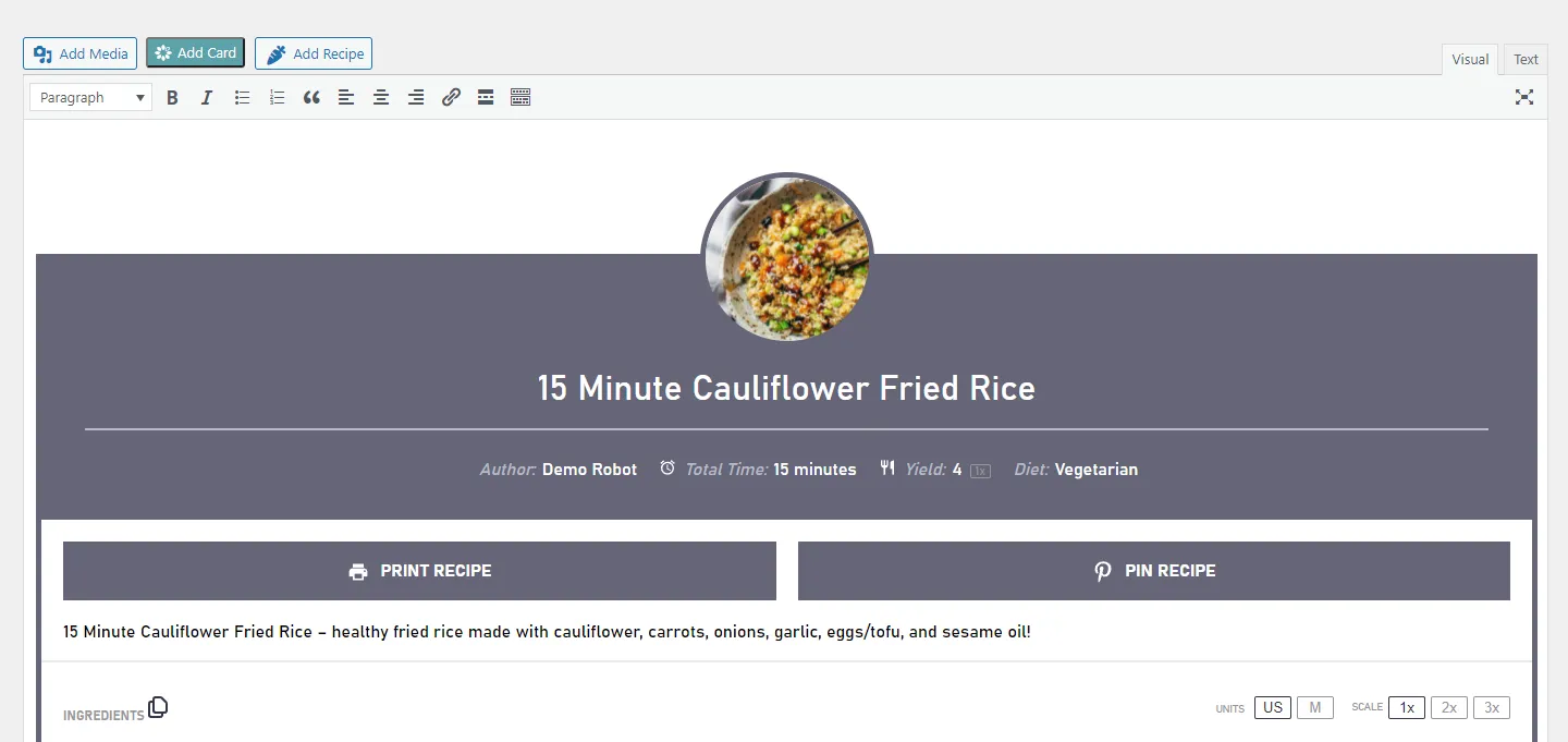 Switching back to the Visual editor after inserting your shortcode into the Text editor, your visual editor will preview the recipe card in your new post.
