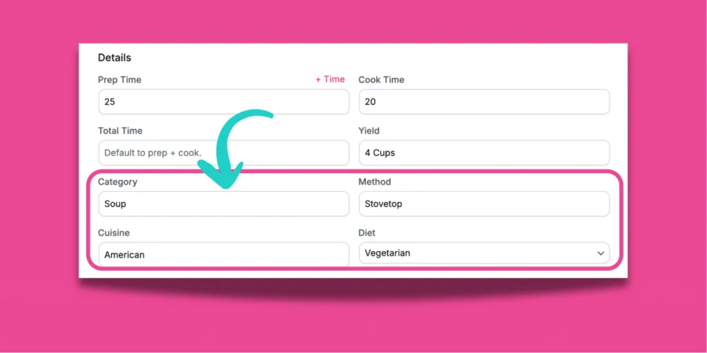 Recipe Explorer details section showing prep time, cook time, yield, and fields for category, cuisine, cooking method, and diet to better organize recipes.
