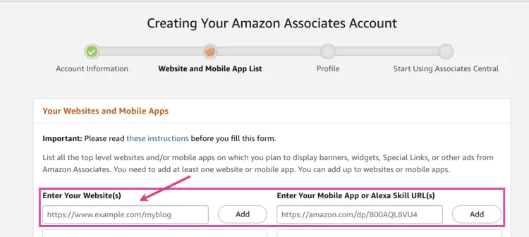 Screenshot of Amazon Associates account setup page, highlighting fields to enter website URLs and mobile app or Alexa Skill URLs.