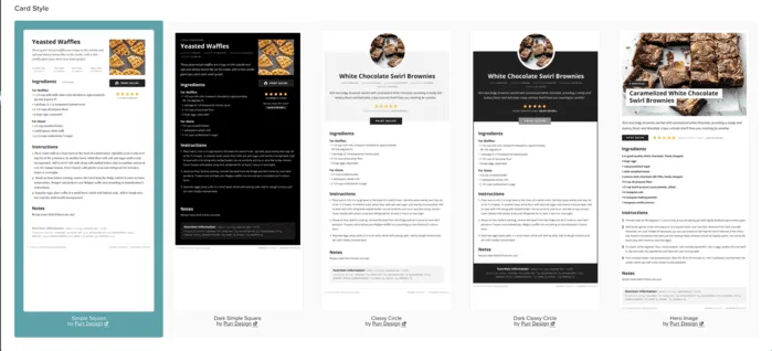 A screen shot of the 5 Create by Mediavine Recipe Card Templates