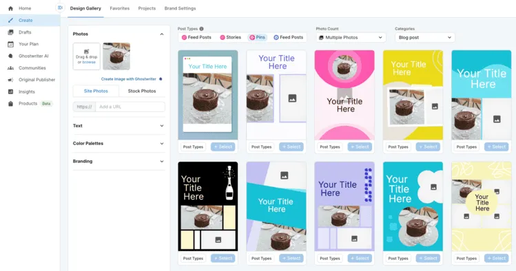 Tailwind Create interface showcasing template options for designing Pinterest pins, featuring chocolate cake visuals.