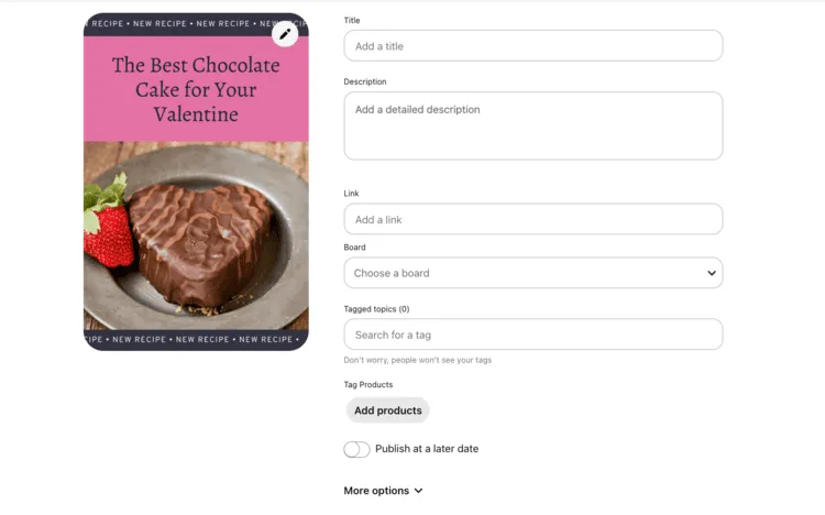 Pinterest interface showing a Valentine’s chocolate cake pin with customizable fields for title, description, and link.