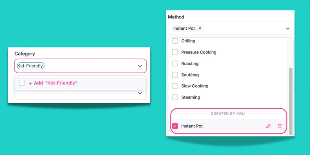 Recipe editor displaying Kid-Friendly category and Instant Pot method selections.