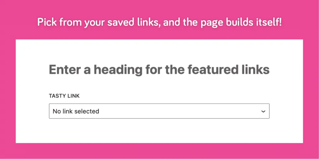 Screenshot of the Featured Links block in WordPress where you select products from Tasty Links list to display with images and buy buttons.