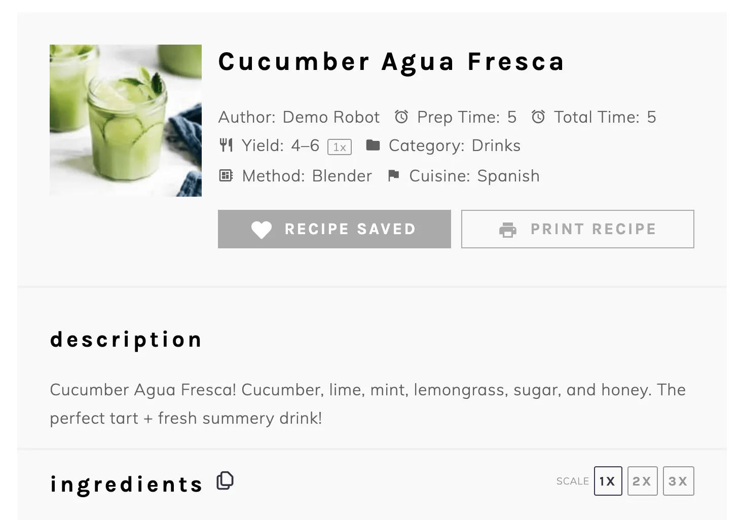 A Tasty Recipes recipe card with a Recipe Saved button and a Print Recipe button