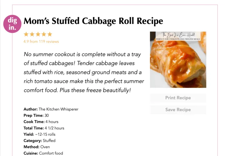 A screenshot showing an image of Lori's recipe: Mom's Stuff Cabbage Roll - on a Tasty Recipes recipe card