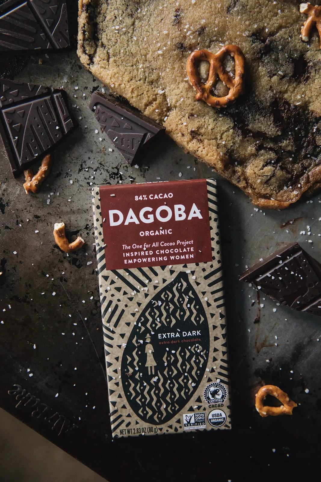 Dagoba chocolate bar, pretzels, and cookies