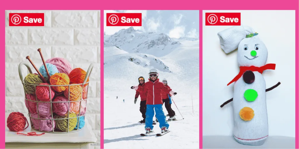 A preview of what it looks like when you add a pinterest button to your images with Tasty Pins. This shows the Default Pinterest save button on three different images. (A basket of yarn, a group of skiiers, and a craft snowman)