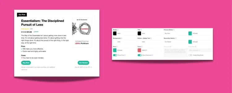 Example of a product review card with custom colors and button styles shown in the Lasso affiliate link editor.