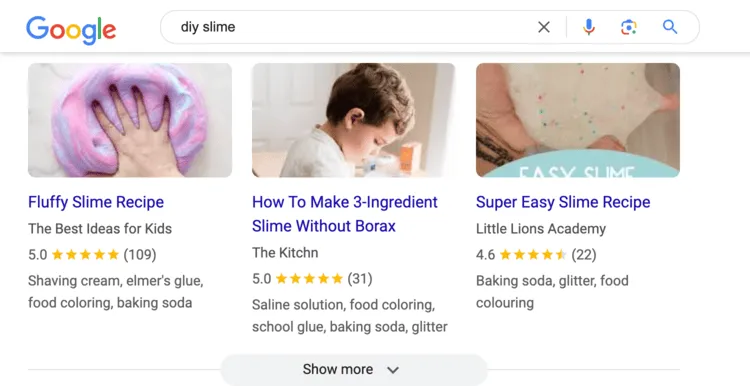 A screen shot of the rich results in the SERPs for "DIY slime"