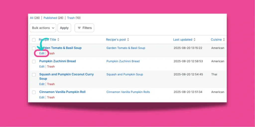 Recipe Explorer dashboard highlighting the “Edit” link under Garden Tomato & Basil Soup, showing how to quick edit a recipe card directly from WordPress.