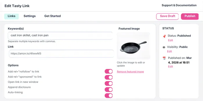 Tasty Links editor showing cast iron skillet keyword, Amazon affiliate URL, product image, and auto-linking toggle