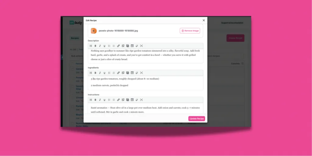 Edit Recipe pop-up window in WordPress showing fields for description, ingredients, and instructions, with an option to update recipe details directly from the dashboard.