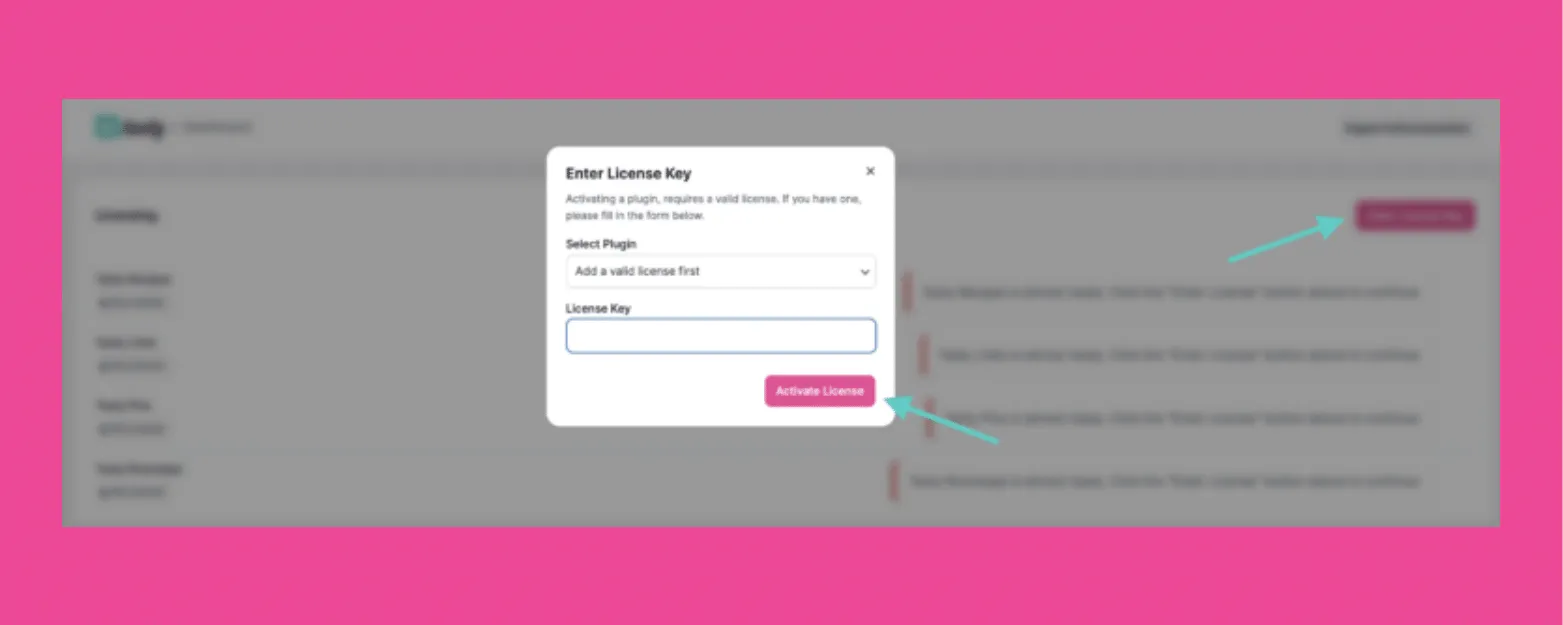 A graphic with arrows pointing to where you activate your license after entering your license key.