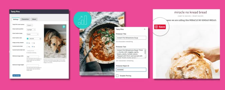 Customizing Pinterest settings with Tasty Pins plugin on the left, adding pinterest titles & alt text in the middle, and a preview of the pinterest save button on the right.