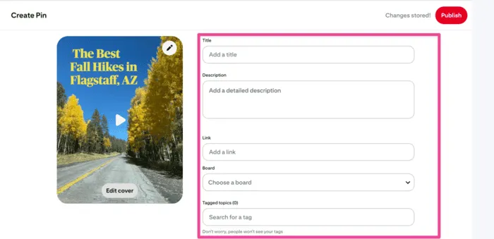 An image showing the spaces where you fill in your Title, Description, Link and more for your Pinterest Video pin