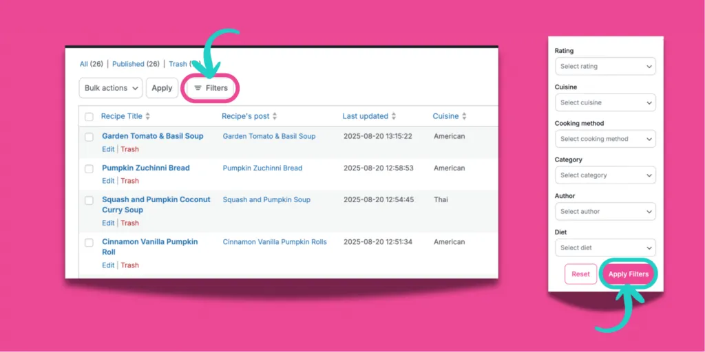 Recipe Explorer in WordPress with the Filters menu open, showing options to filter recipes by rating, cuisine, cooking method, category, author, or diet, with buttons for Reset and Apply Filters.