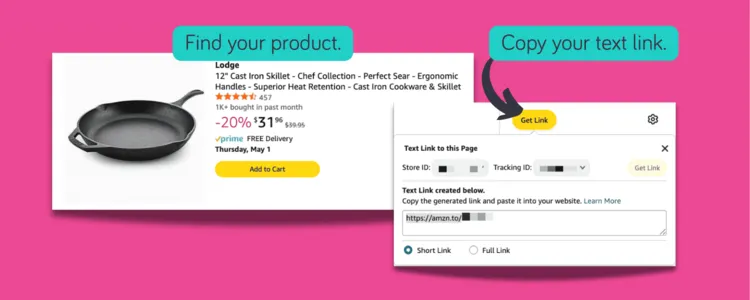 Example showing how to find a product on Amazon and generate a short affiliate link to copy and paste.