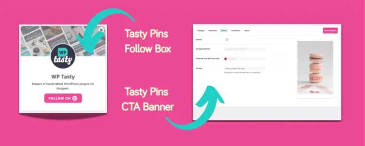 Tasty Pins follow box and Pinterest CTA banner options with arrows pointing to built-in branding and post-Pin follow prompt.