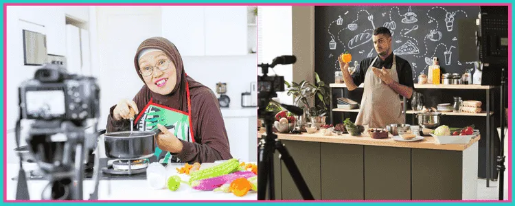 An image showing two food bloggers. They are different, but they are both showing their unique personality while creating recipes as a food blogger/food influencer.