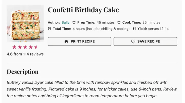 Tasty Recipes Recipe Card from Sallys Baking Addiction recipe for Confetti Birthday Cake
