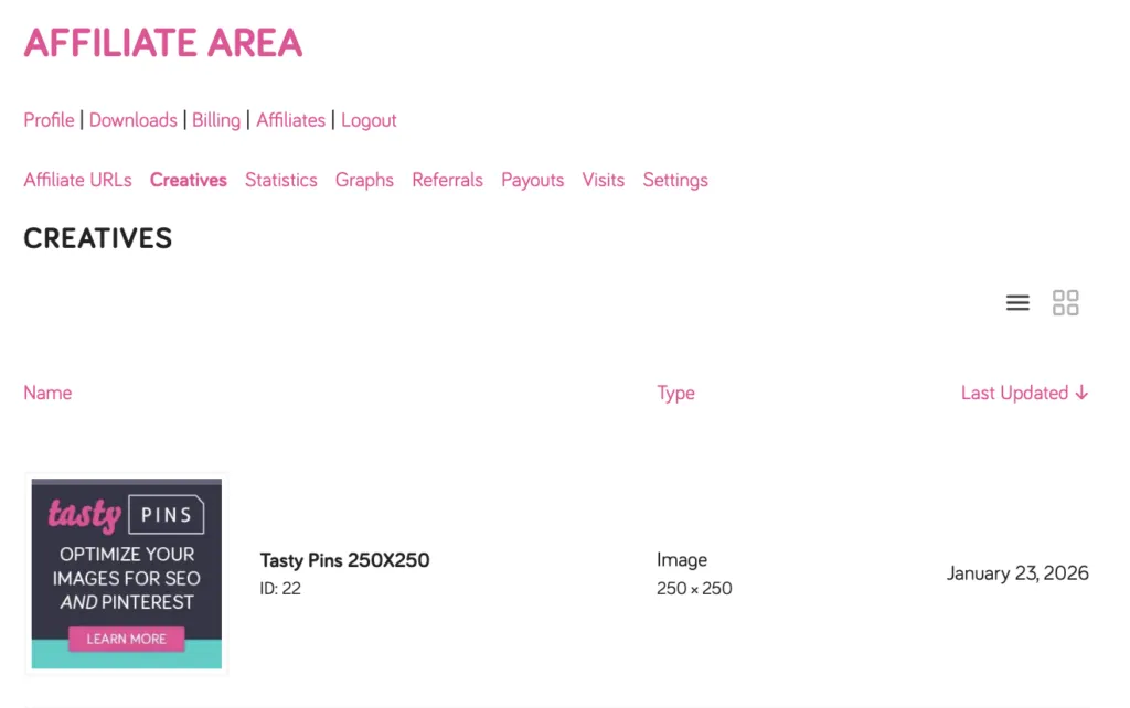 WP Tasty Affiliate Area - Creatives Tab