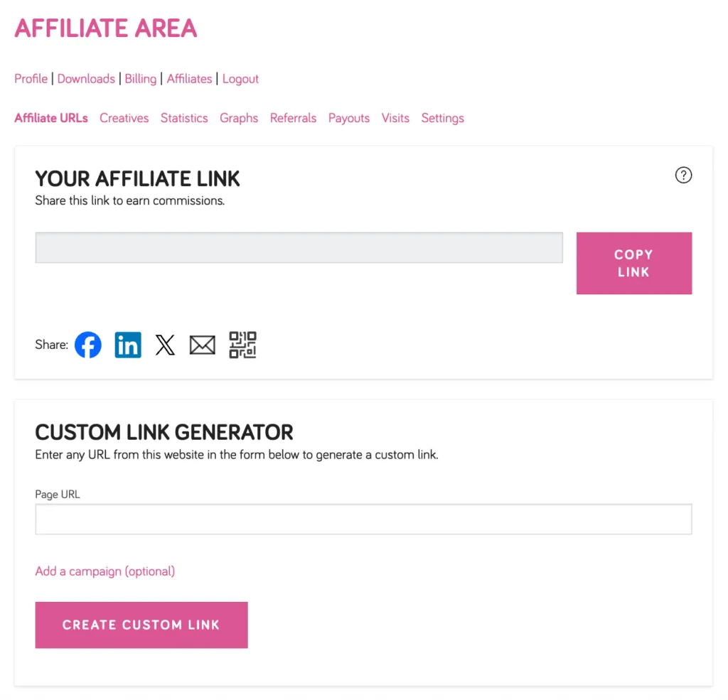 WP Tasty Affiliate Area - Affiliate URLs with a "Your Affiliate Link" section and a copy link button. Below there is a custom link generator where you can add the page url and create a custom link.