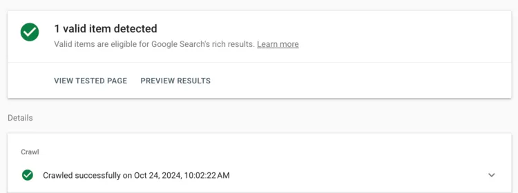 A screenshot showing eligibility for Google rich results after fixing the errors and retesting the URL.