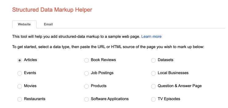 A screenshot of Google's Structured Data Markup Helper