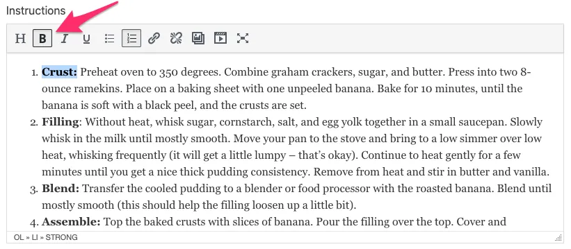 screenshot of recipe editor bold button