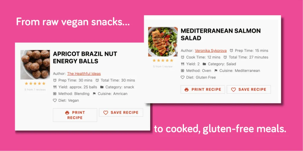 Side-by-side recipe cards showing Apricot Brazil Nut Energy Balls and Mediterranean Salmon Salad, reflecting Veronika’s shift from raw vegan to gluten-free meals.