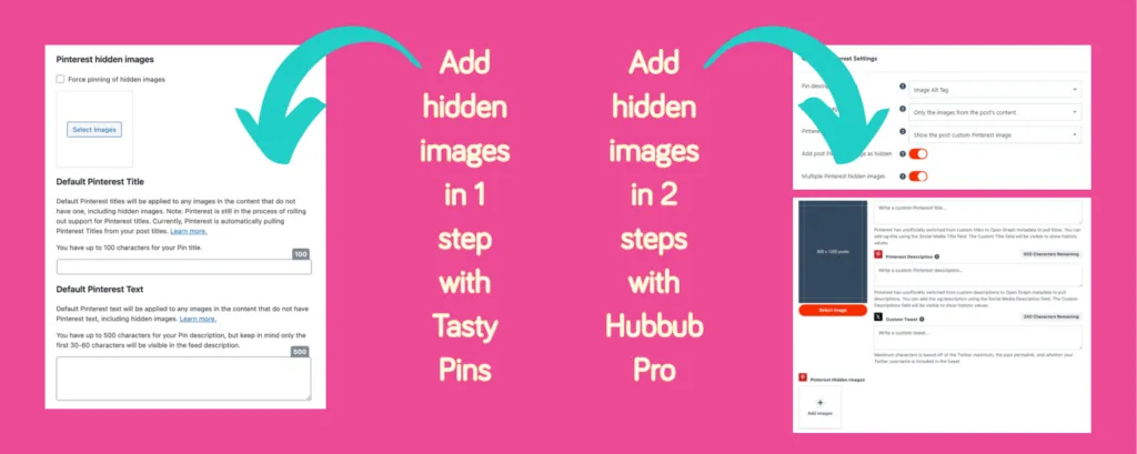 Visual comparison showing how to add hidden Pinterest images with Tasty Pins and Hubbub Pro