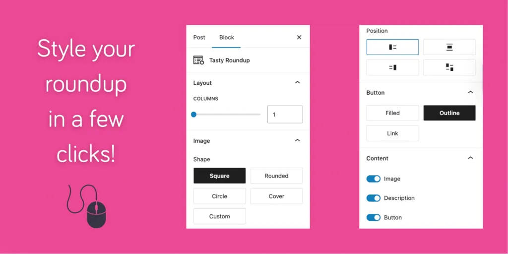 Styling Tasty Roundup layout and buttons in the WordPress editor settings.