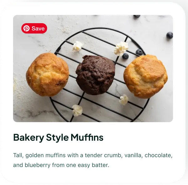 Bakery style muffins recipe card with a red Pinterest Save button in the corner