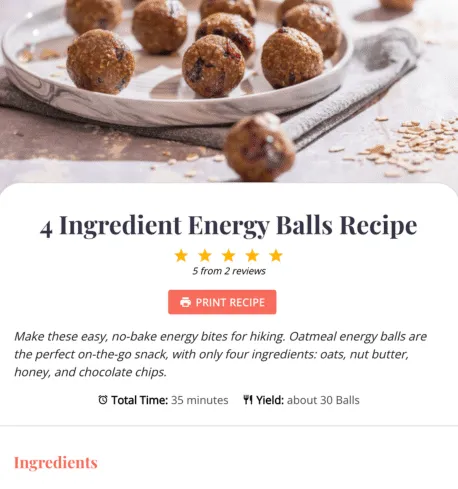 A Tasty Recipes Lite recipe card for 4 Ingredient Energy Balls, with a photo, star rating, and ingredient list